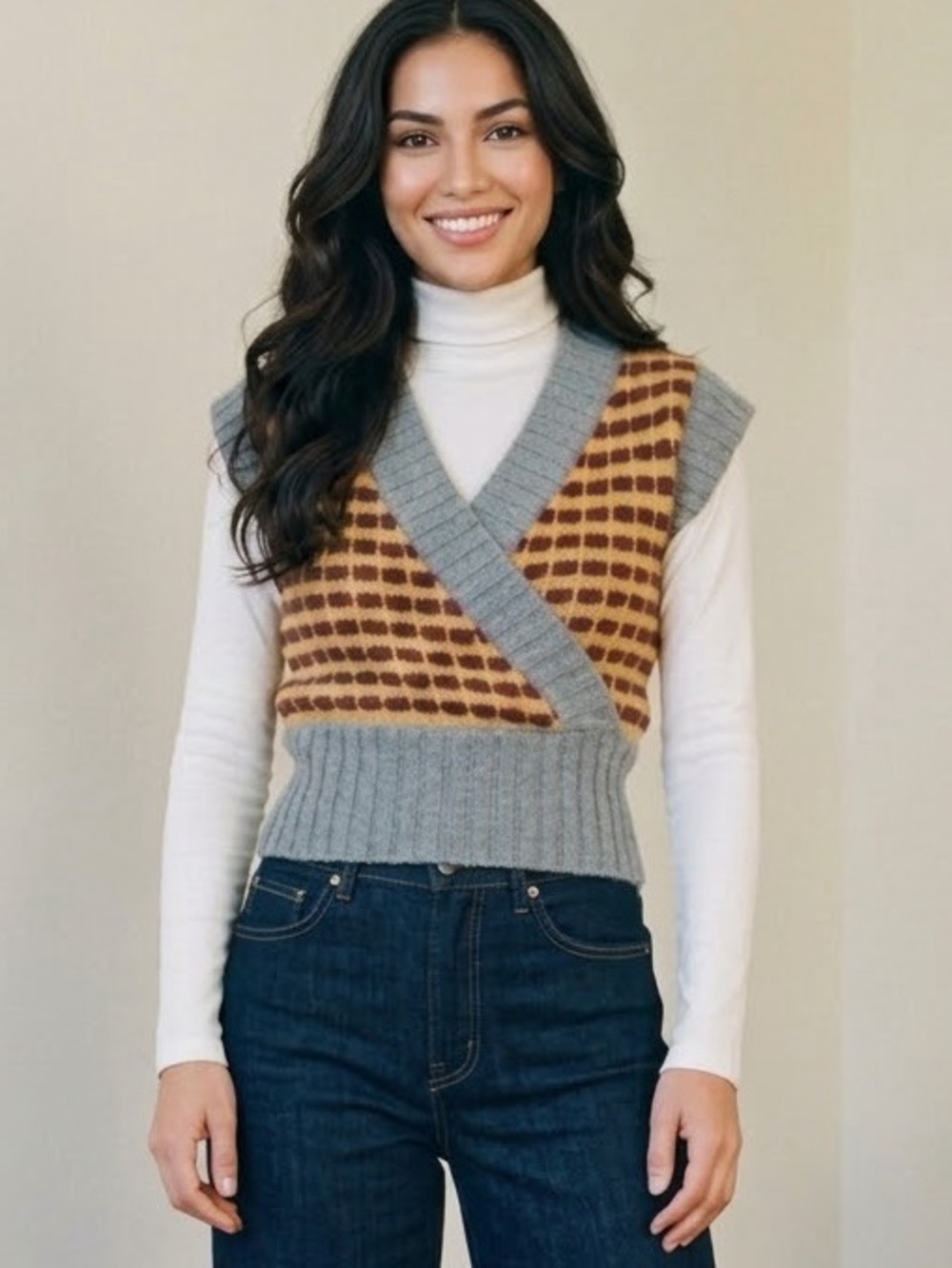 Vintage 70s Huk-A-Poo 100% Wool Sweater Vest M Mustard Burgundy Cross XS / S